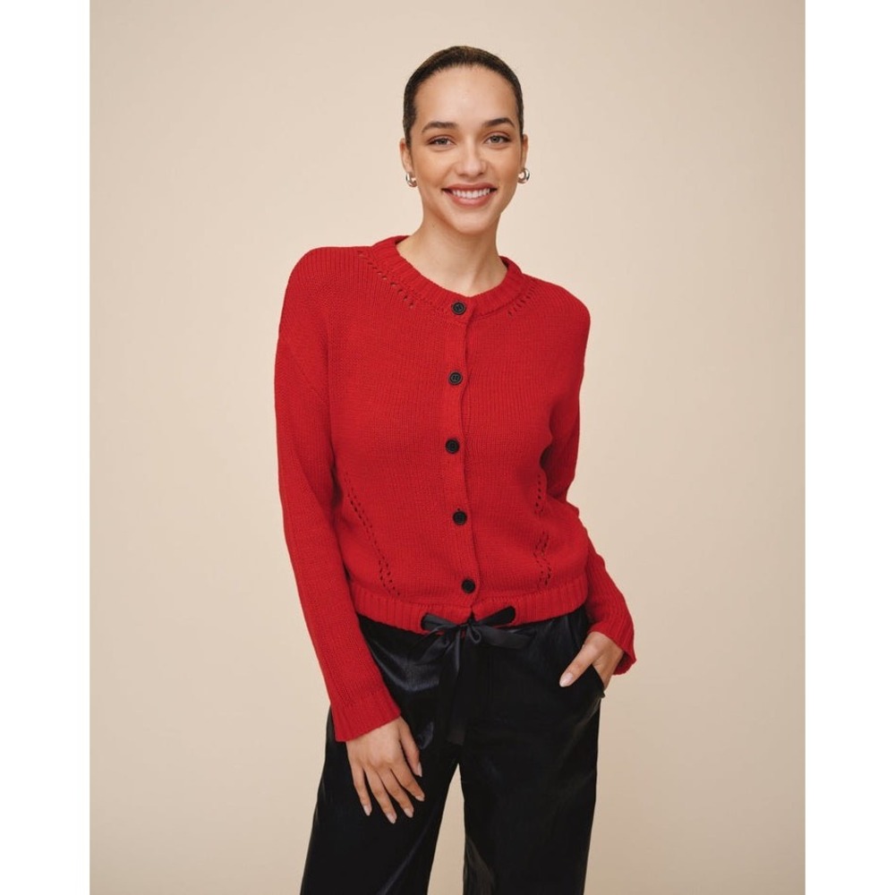 Bella Dahl Red Pointelle Knit Cardigan Sweater with Satin‎ Bow Tie XS